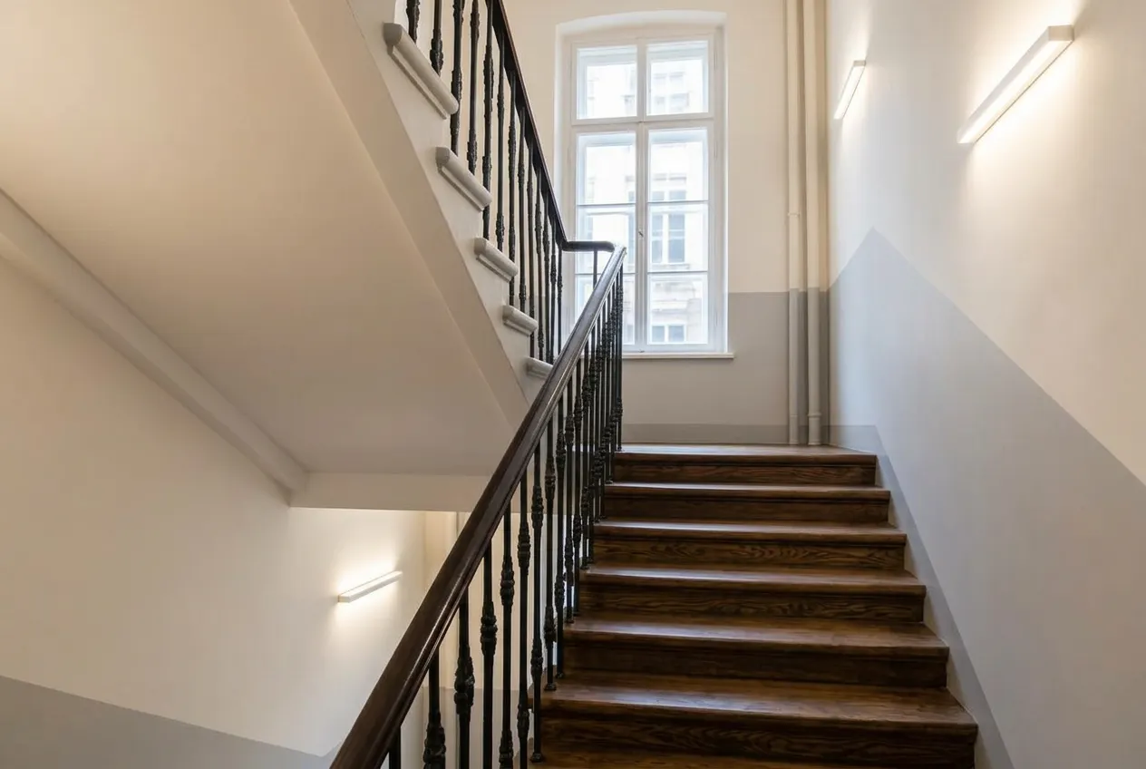 Treppenhaus in Schmachtenhagen vor und nach der Sanierung durch Köpenicker Grundbesitz – nachher